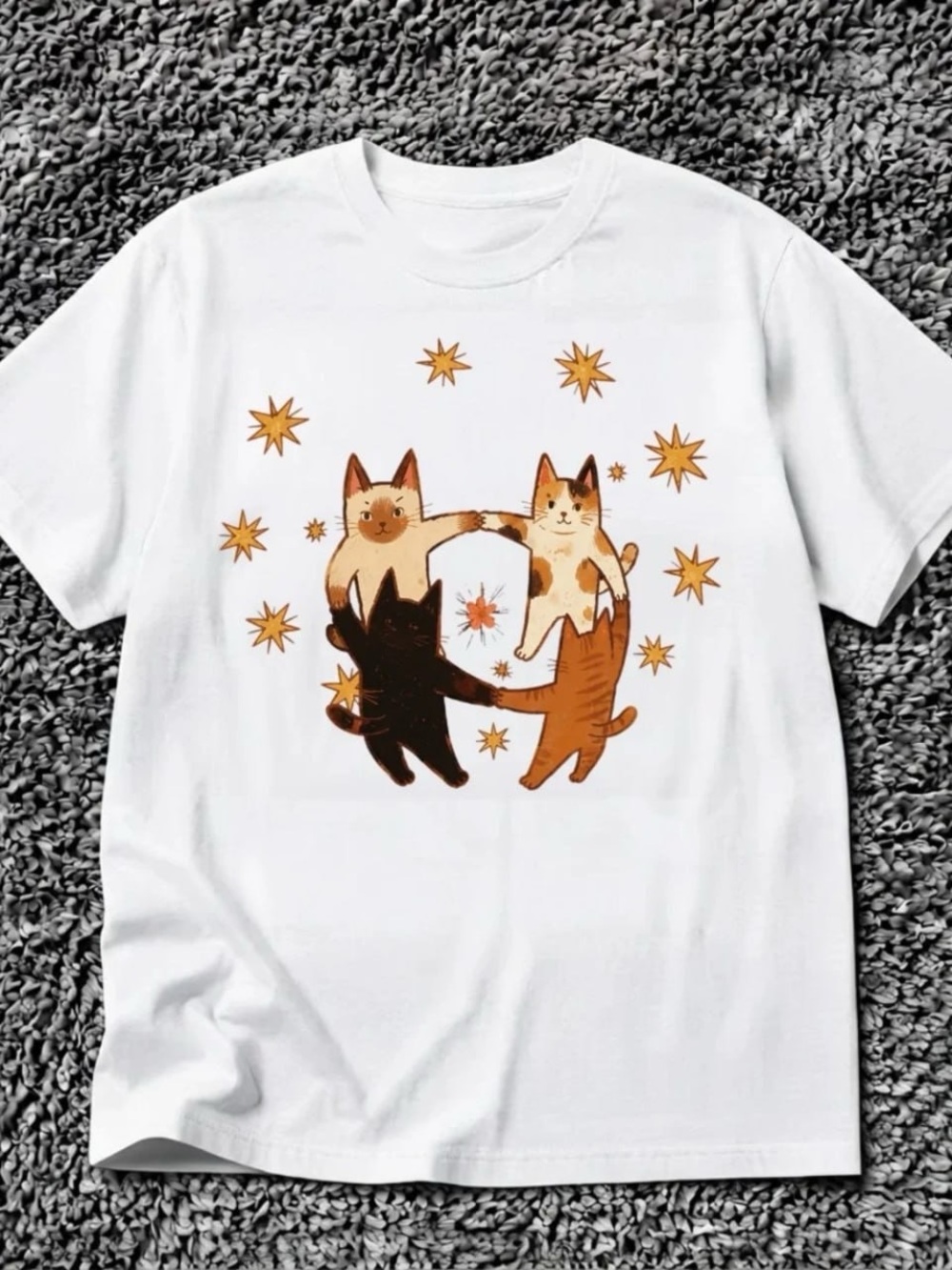 Gildan White Tee with Orange, Brown & Black Cat Circle Graphic